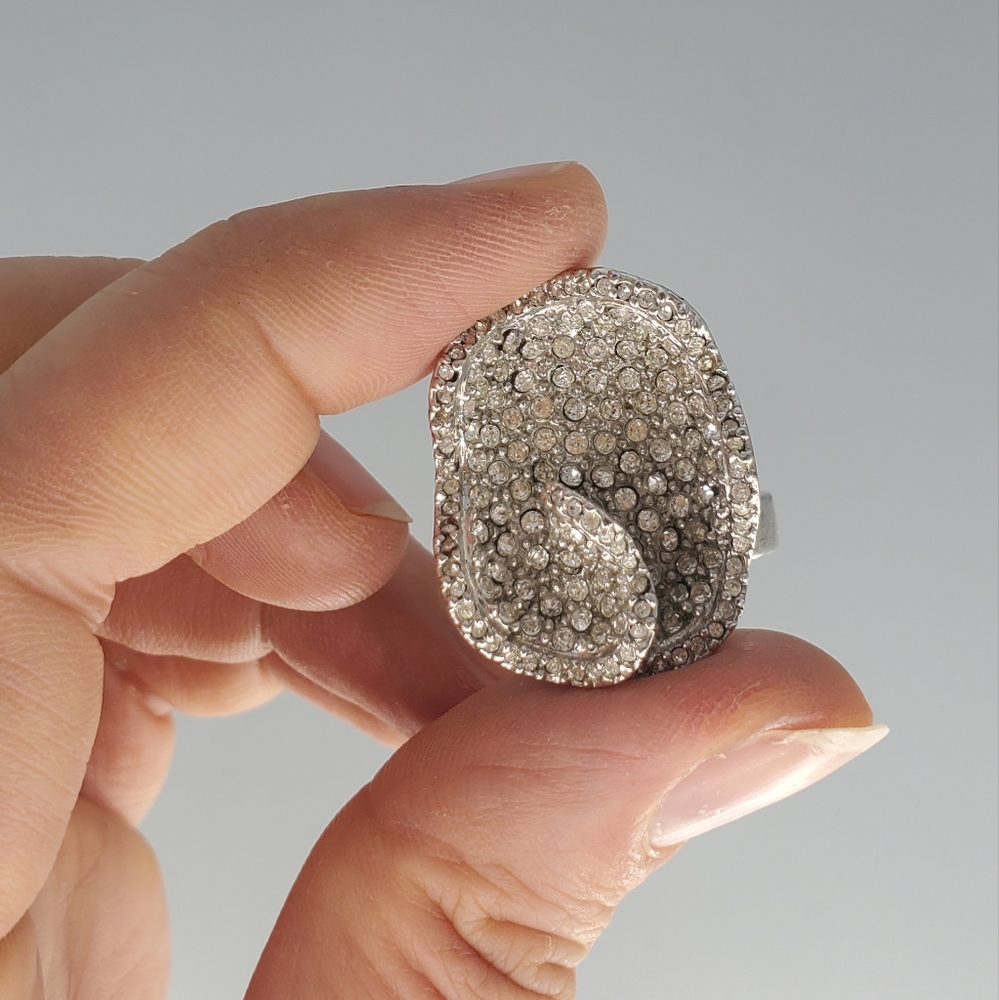 Abstract Silvertone Rhinestone Cocktail Ring - Picture 5 of 12